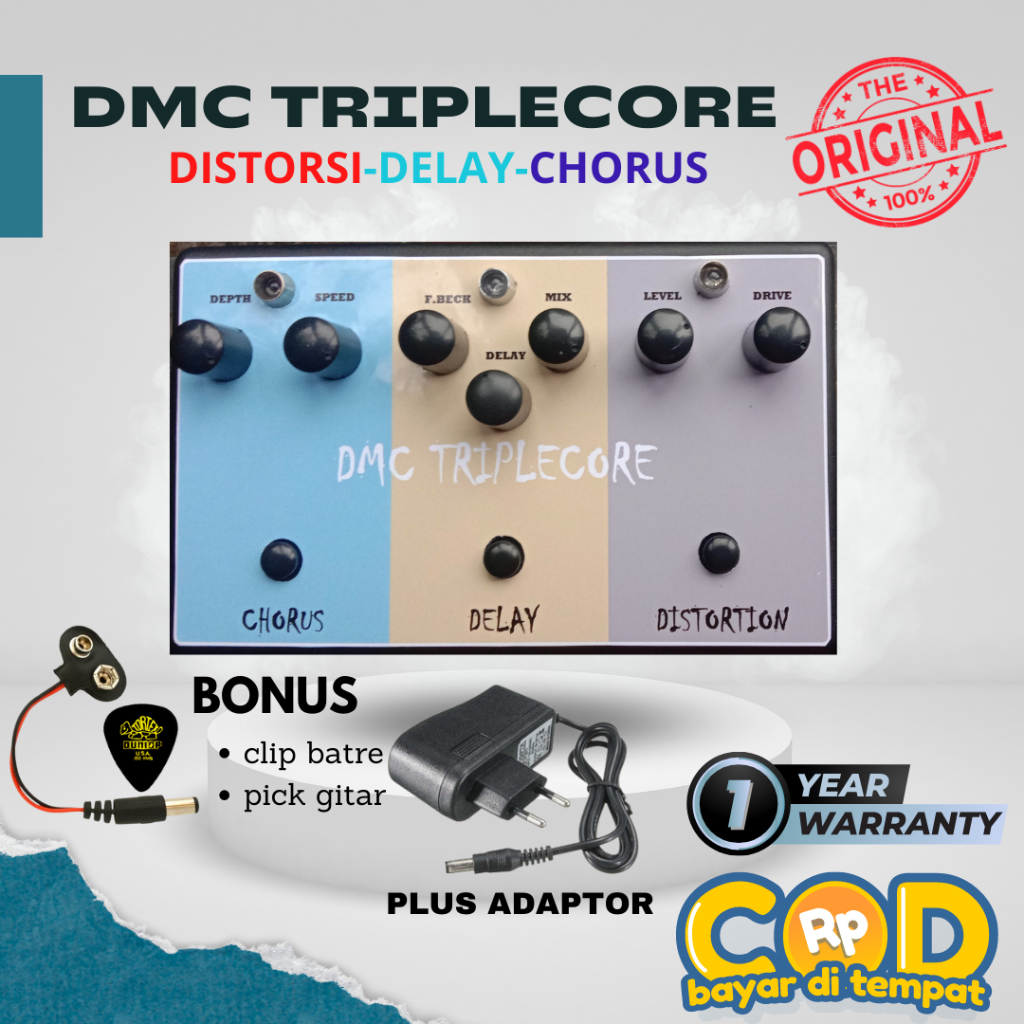 Efek Gitar DMC TRIPLECORE Distorsi Delay Chorus Plus Adaptor Suara Mantap
