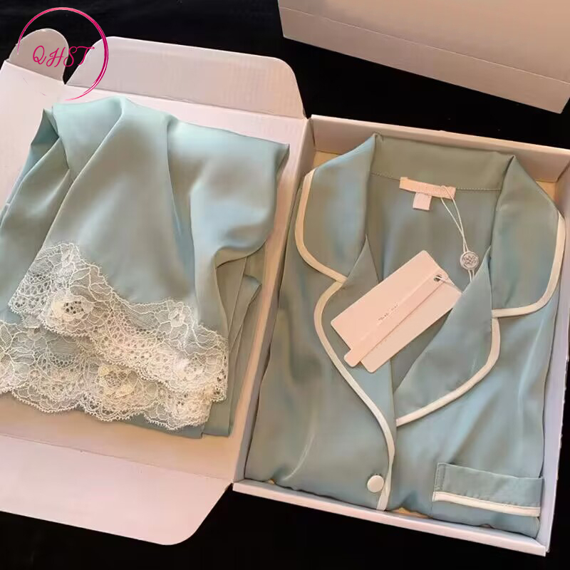 QHST Piyama Wanita Renda Hijau Pola Set Satin Import | Pajamas Wanita | Baju Tidur Wanita Dewasa | L