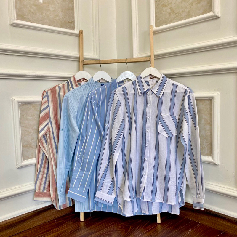 Kemeja Strip Cantik / Kemeja Motif Garis - Garis / Kemeja Salur / Blouse Strip / Atasan Wanita Motif