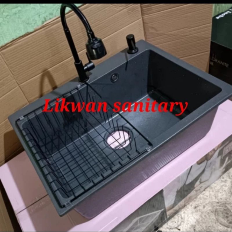 Paket komplit kitchen sink granit ONAN 6146 HITAM / Paket kran flexible stainless hitam
