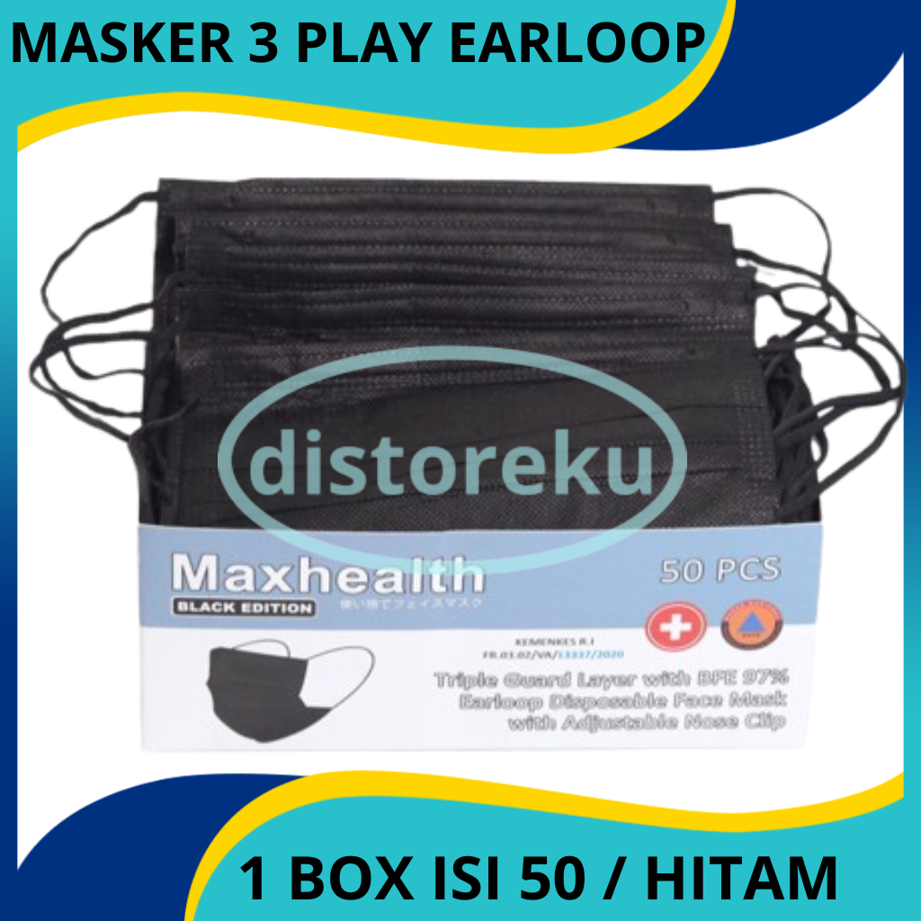 DM - Masker 3ply Earloop Disposable Black Earloop Maxhealth Mask Hitam