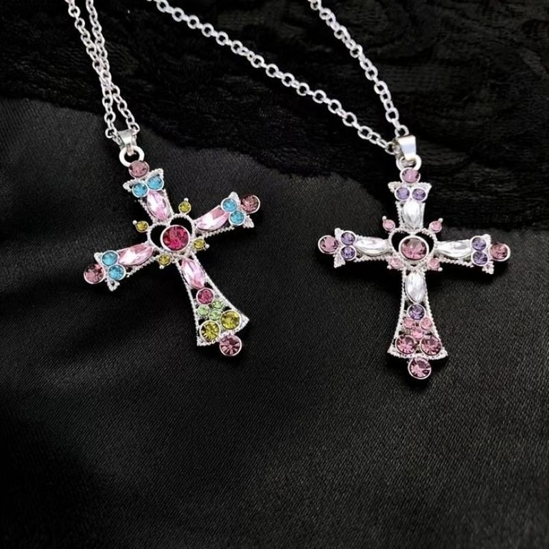 Crystal Pastel Cross Necklace | Kalung Silver Salib Aesthetic