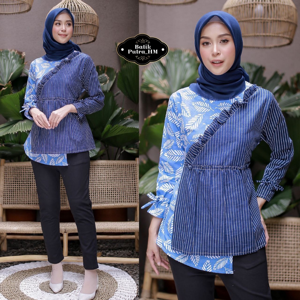 Batik Wanita Modern Baju Kantor Wanita New Blus Seragam Atasan Blouse Kantor Motif Godhong Lurik Bat