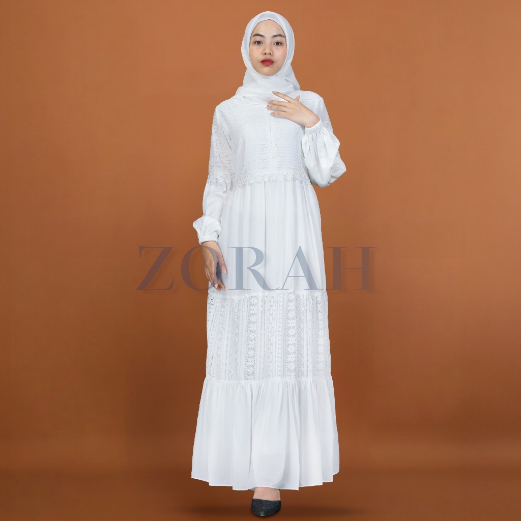 Gratis Ongkir Zorah Gamis Putih Brokat Wanita Simple Elegan Busui & Wudhu Friendly Dress Brukat
