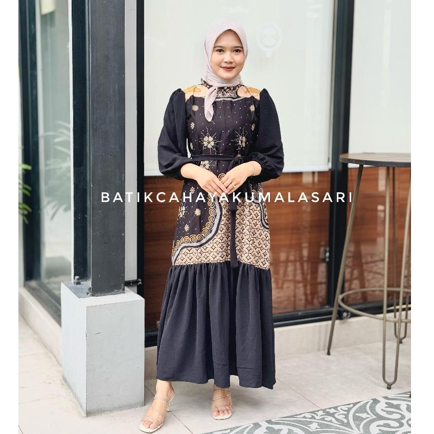 FATIMAH Dress Batik Wanita Kombinasi Polos Crinkle Motif NAFIA HITAM - Gamis Lebaran Wanita - Baju Muslim Wanita Busui Elegan