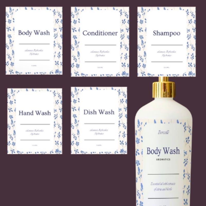 

Sticker Label Botol Sabun Cair Pump Aesthetic Luxury "Blue Flower Series" Dispenser Shampoo Body Wash Dish Wash