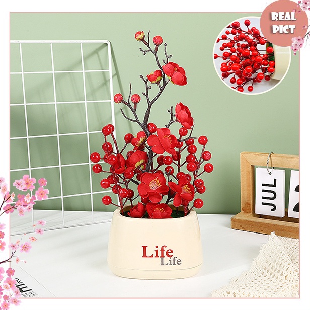 GROSIR UNICO  COD  Pot Bunga Hias Dekorasi Rumah  Artificial Flower Bunga Berry Merah Plastik Hias  