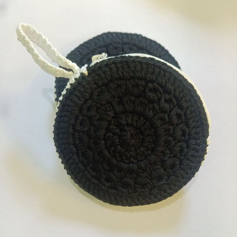 dompet koin rajut Oreo, dompet rajut unik, dompet koin mini, dompet rajut bulat, dompet koin rajut k