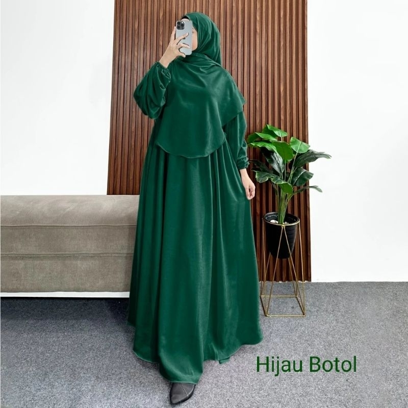 GAMIS CRINKLE SET HIJAB KEKINIAN VIRAL TERBARU-Hijau Botol