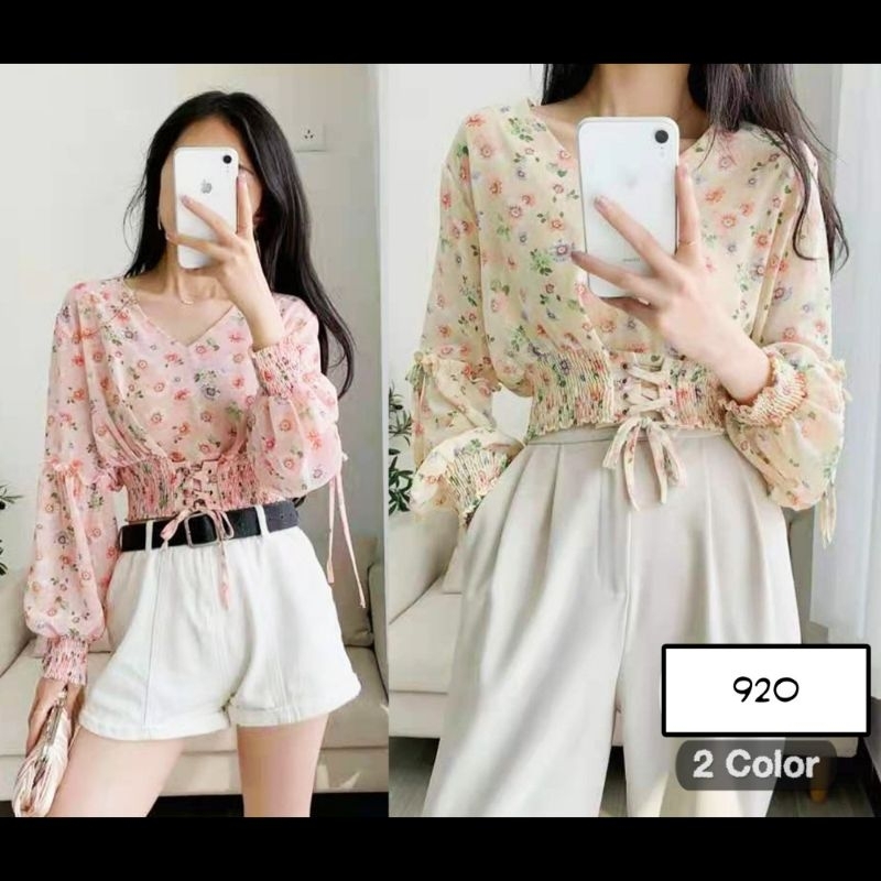 Blouse Sifon floral Korean Style Crop Atasan Wanita
