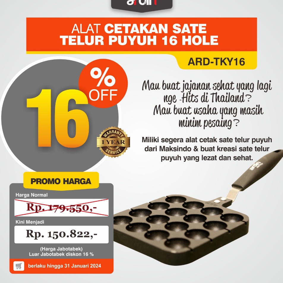 Ypn Alat Cetakan Sate Telur Puyuh 16 Hole Ardin ARDTKY16 k Paling Dicari Harga Termurah