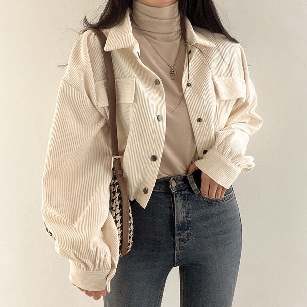 MURAH LEBAY Ekouaer Corduroy Jaket Korean Style Wanita Retro Kolor Terbaru Jacket Crop Top baju atas