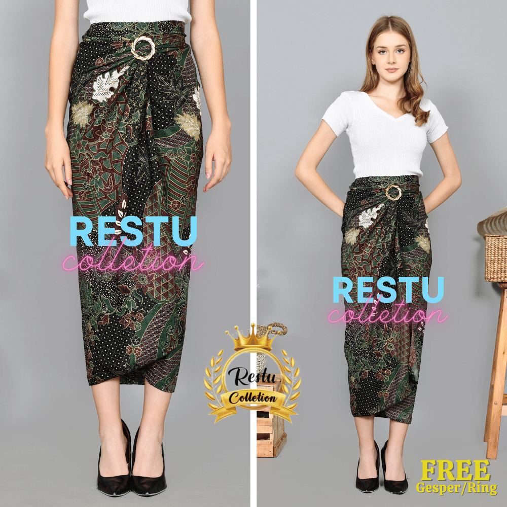 Rok lilit batik motif Aurel Hijau modern kain batik terbaru premium free ring gesper