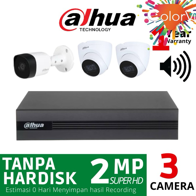 Paket 3 cctv Kamera DAHUA 3CH Full Color Audio 2MP Colorvu Lengkap