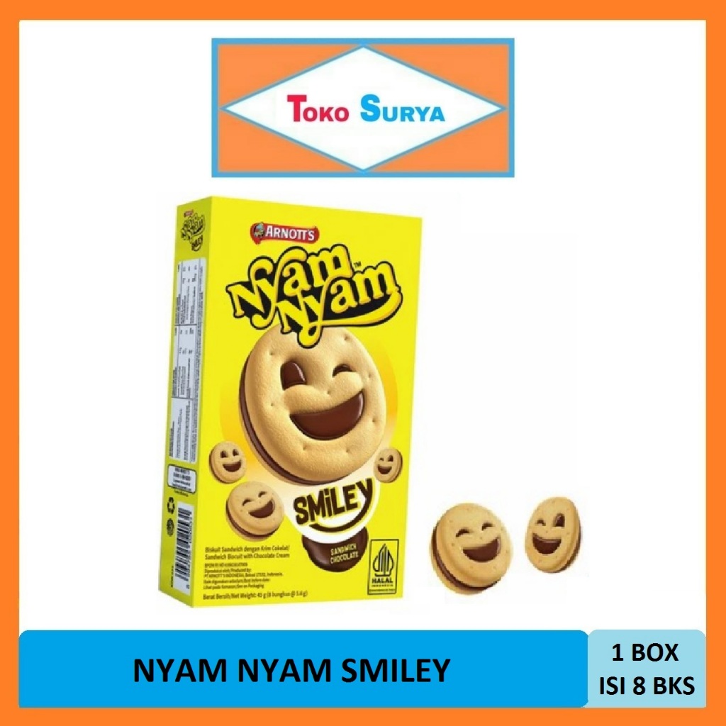 

Nyam Nyam Smiley Biskuit Sandwich Dengan Krim Cokelat 45 Gr