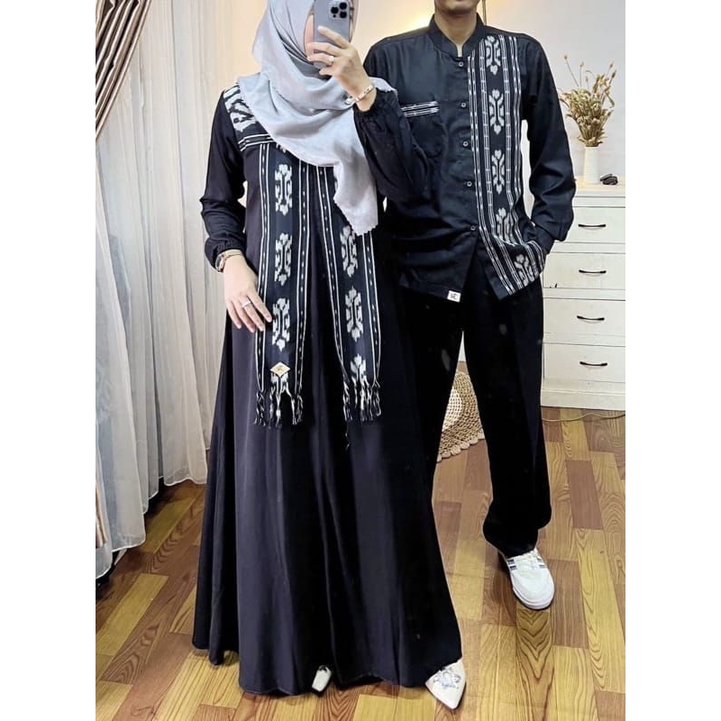READY STOK SET COUPLE GAMIS TENUN MIX KAIN TOYOBO PREMIUM BAJU LEBARAN - SETELAN BAJU KELUARGA