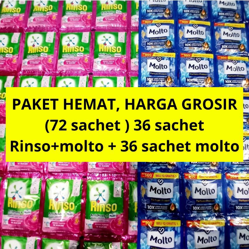PAKET HEMAT, HARGA GROSIR rinso cair + molto pewangi 500an (72 sachet)