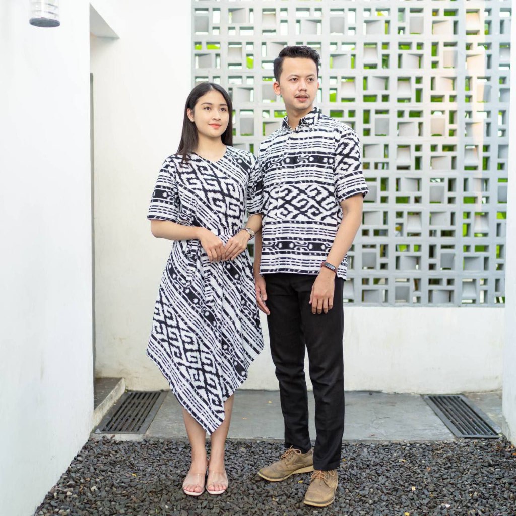 Set Couple Sarimbit Dress dan Kemeja pendek hem Pria Songket Katun batik terbaru - Couple kondangan 
