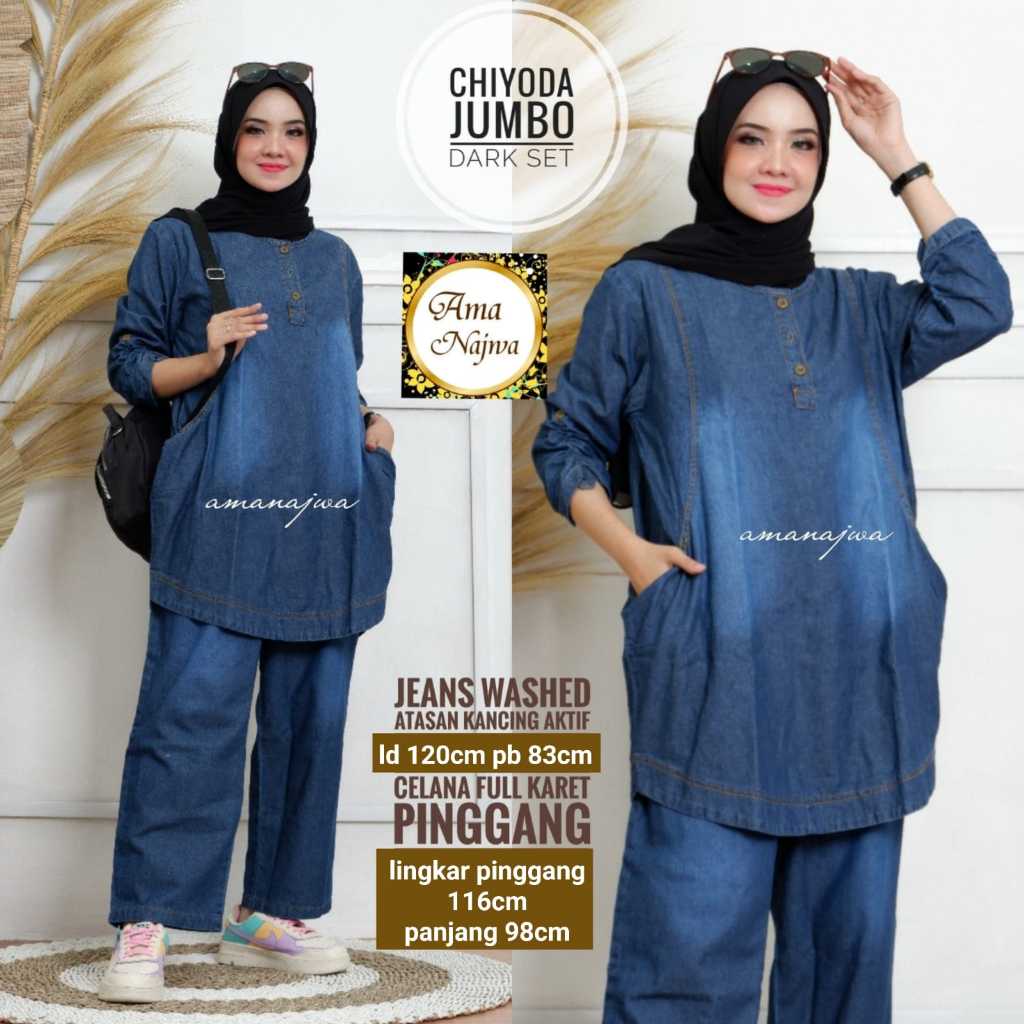 chiyoda setelan 1 one set oneset stelan setcel atasan jeans washed wash jumbo bigsize over big size 