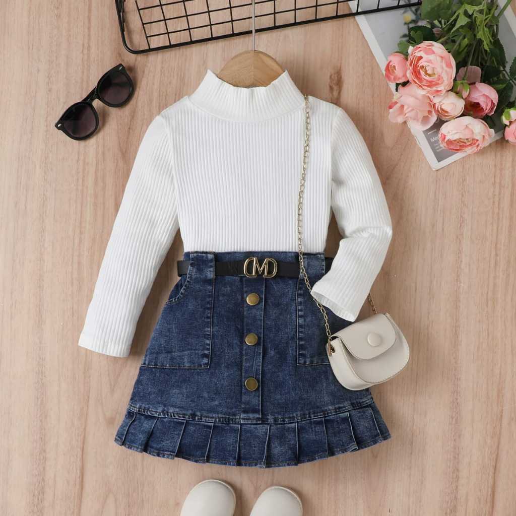 GRANDE GIRL SET Setelan Anak Perempuan Baju Anak Import Impor Korean Style Rajut Knit Rok Jeans Keki