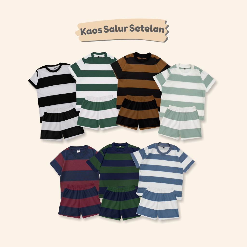 Setelan Anak Laki laki dan Perempuan Motif Stripe Salur Lengan Pendek usia 1-10 Tahun Celana Pendek 