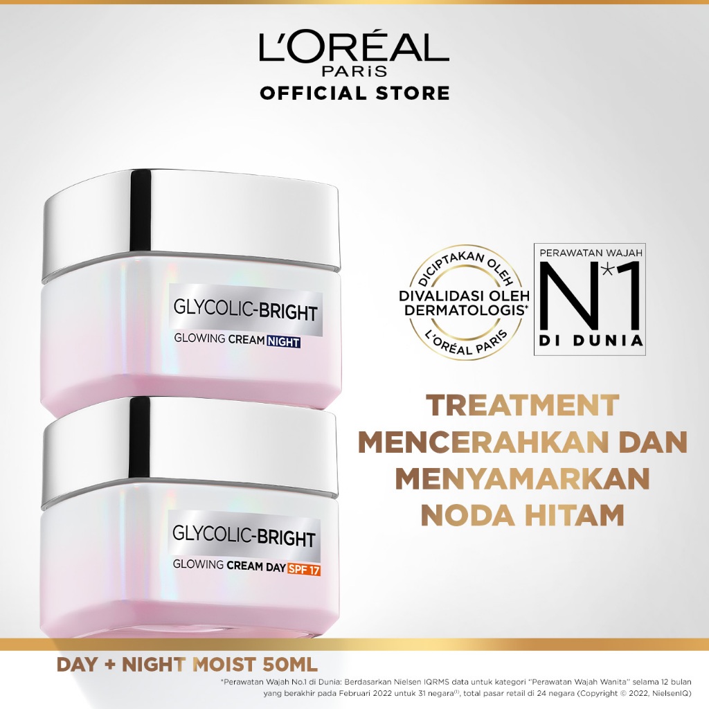 L'Oreal Paris Glycolic Bright Glowing Day Cream 50ml + Night Cream 50ml - Melembapkan dan Mencerahka