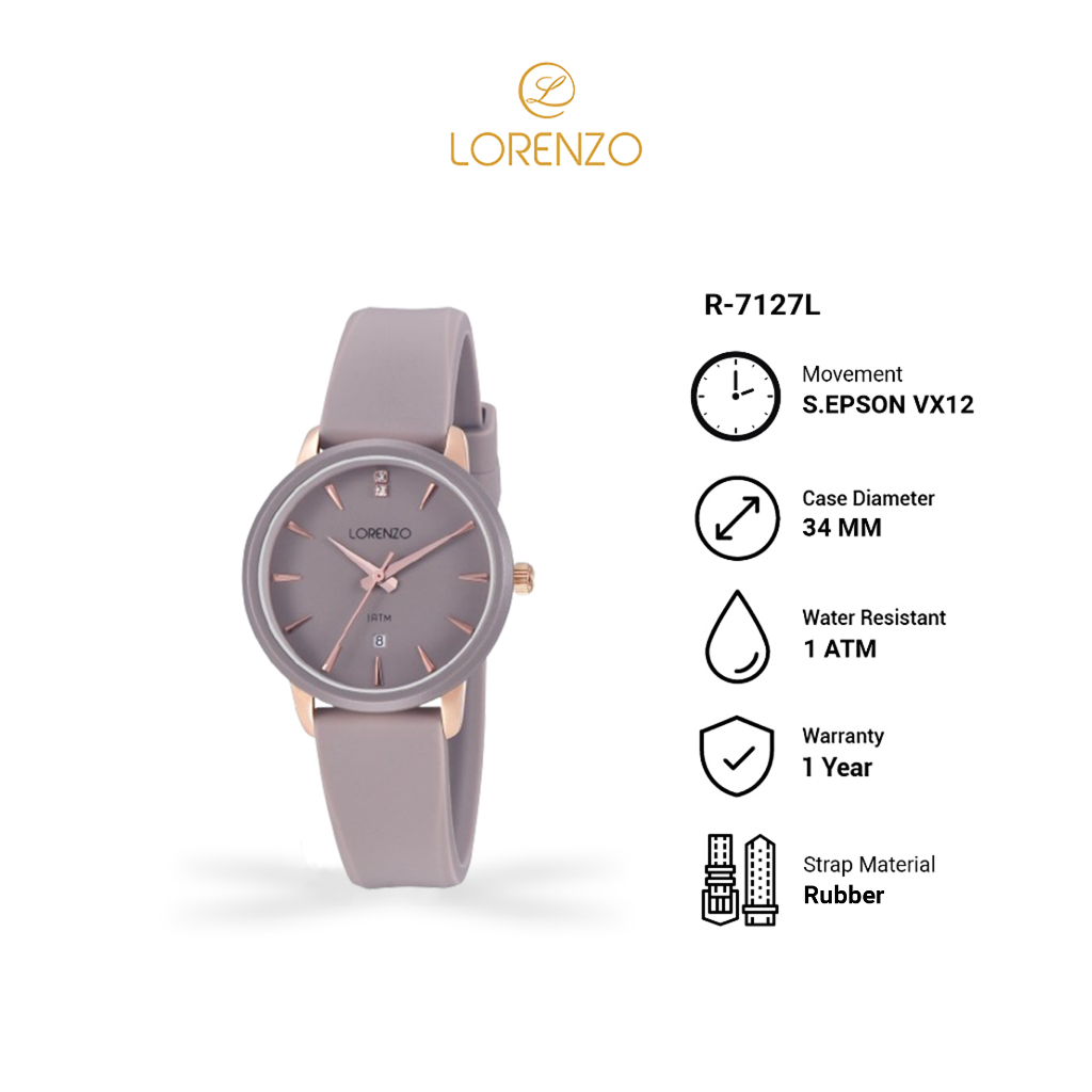 Jam Tangan Wanita rubber lorenzo R 7127 water resistant original garansi
