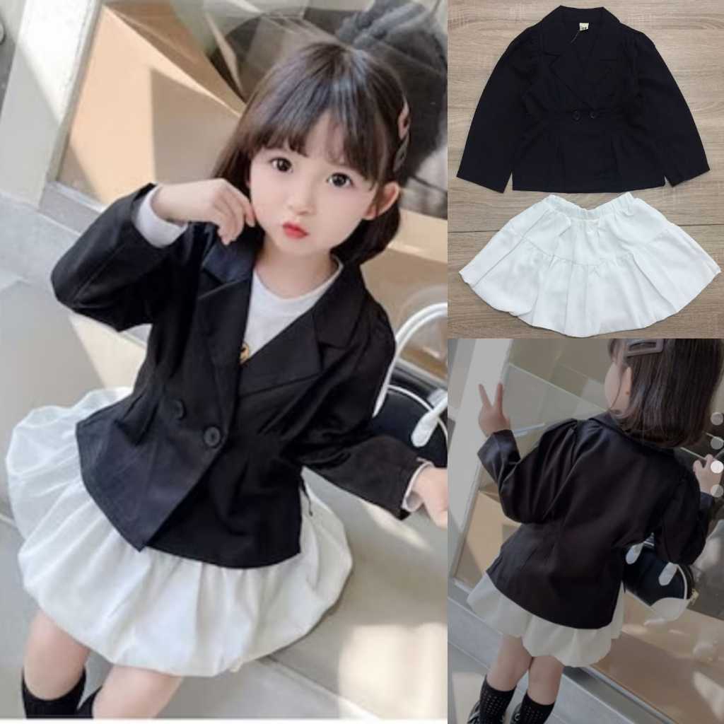 (3-8th) Blazer hitam anak cewek perempuan rok balon putih import rok mini anak setelan keren korea