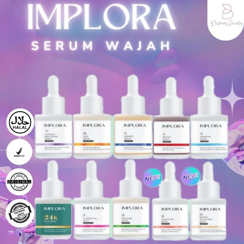 IMPLORA Face Serum Indonesia / Luminous Brightening Acne Midnight Peeling Hydrating 24K Gold Bakuchi