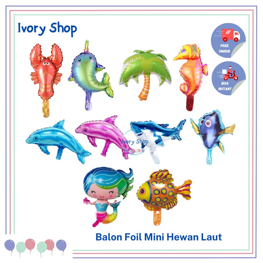 Balon Foil Hewan Laut Kecil Ikan Udang Lobster Hiu Mermaid Kuda Laut Seahorse