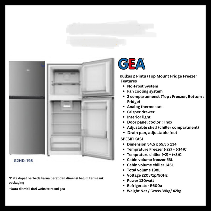 GEA Home Refrigerator G2HD-198 / Kulkas 2 Pintu GEA 198 Liter