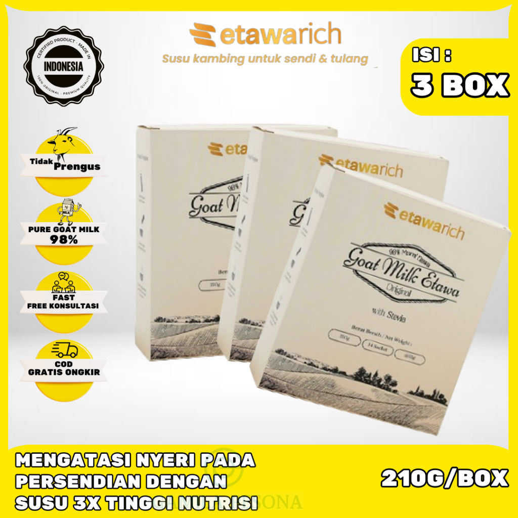 

SOLUSI AMPUH ATASI NYERI TULANG & SENDI DAN SEGALA MACAM PENYAKIT ETAWARICH SUSU KAMBING ETAWA 3 BOX