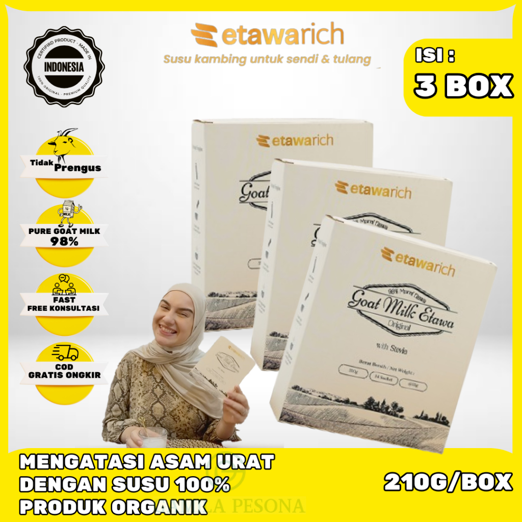 

Etawarich Susu Kambing Mampu Hempaskan Gejala dan Penyakit Rematik Isi 3 Box Halal dan BPOM