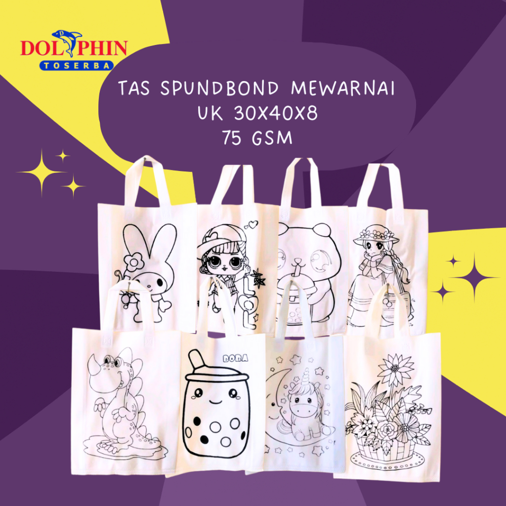 

Tas TALI spounbon MEWARNAI macam macam MOTIF Uk 30x40x8 75GSM