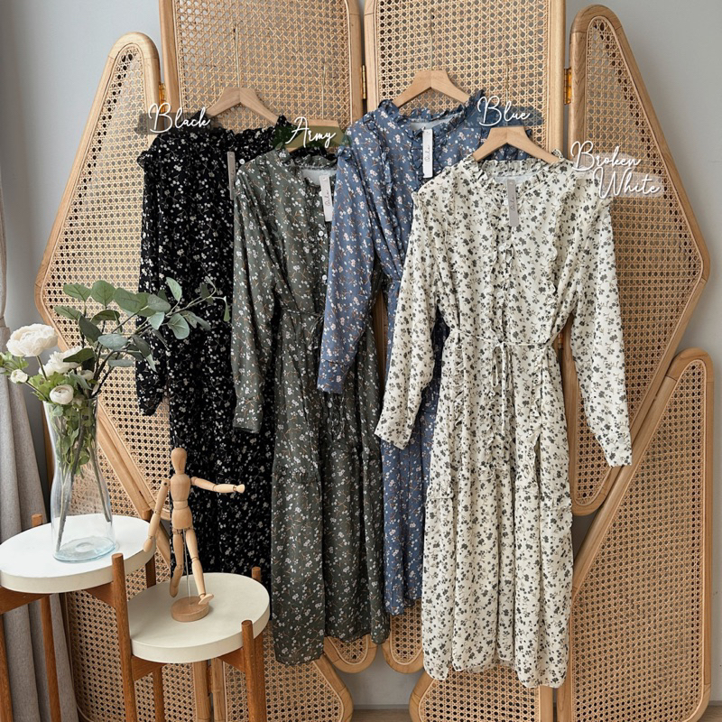 Oclo Lunaf Midi Dress Atasan Wanita Ceruty Motif Bunga Pinggang Tali Vintage Terbaru OCL02589