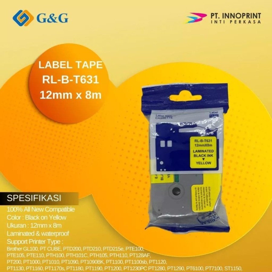 

Label tape G&G for Brother TZE-631 12mm x 8m Black ink Yellow