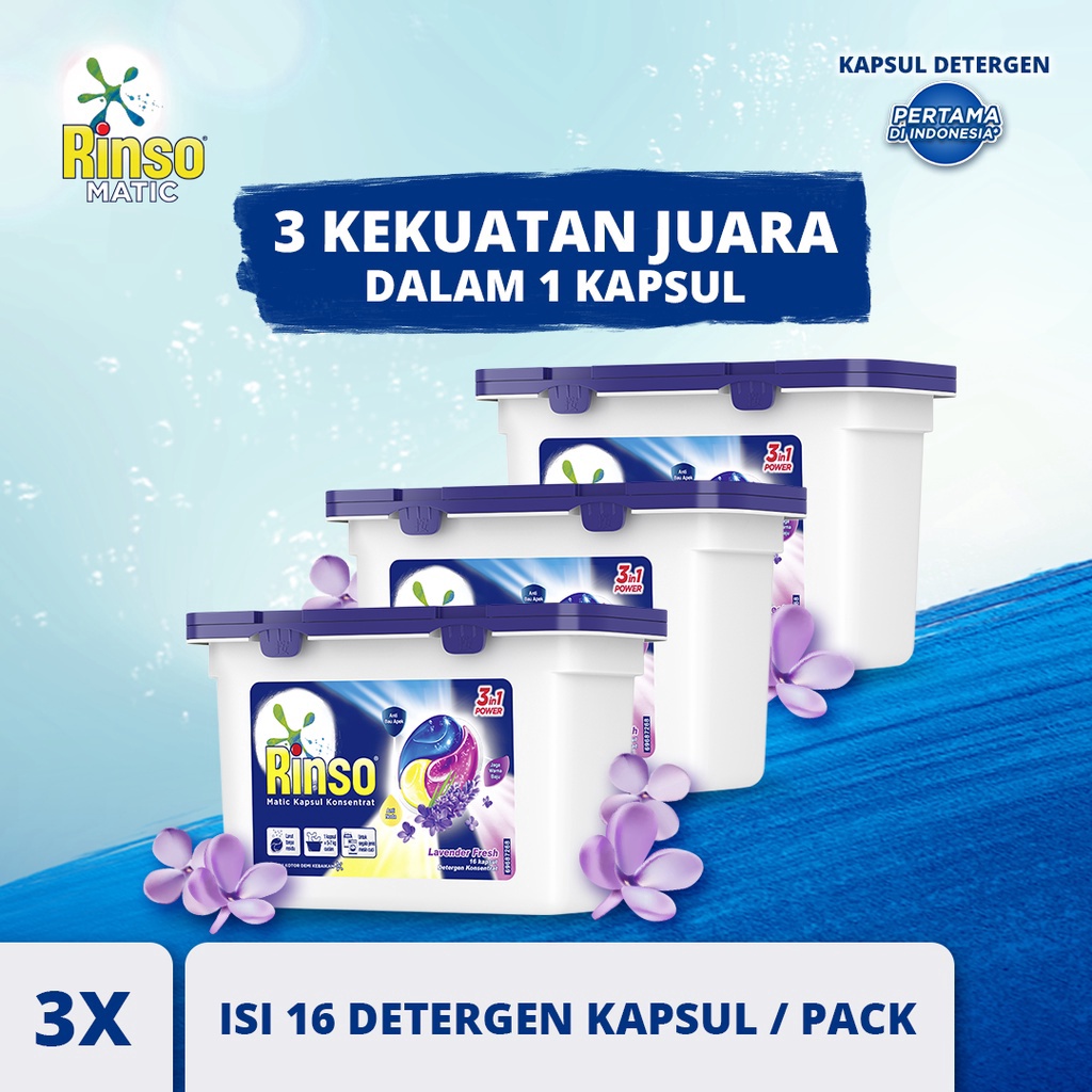 Original Rinso Detergent Cair Capsule Konsentrat Deterjen Matic Kapsul Lavender Fresh 168 g x3