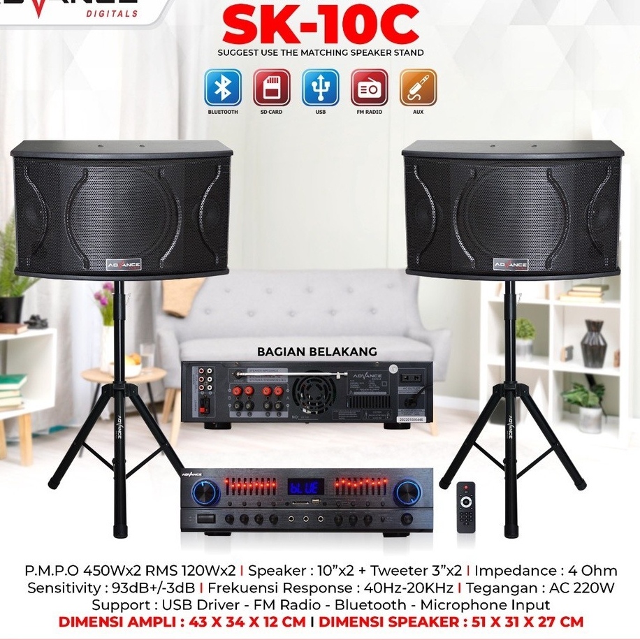 Advance SK-10C Speaker Bluetooth Konser Set Amplifier Dual Speaker Aktif 10 Inch Extra Bass Stand Ti