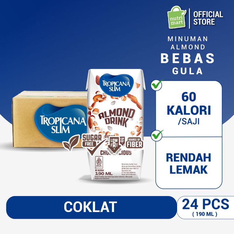 

Tropicana Slim Almond Drink Chocolicious 190ml (1 Karton / 24 pcs) - Minuman Almond Cokelat Bebas Gula Ready to Drink