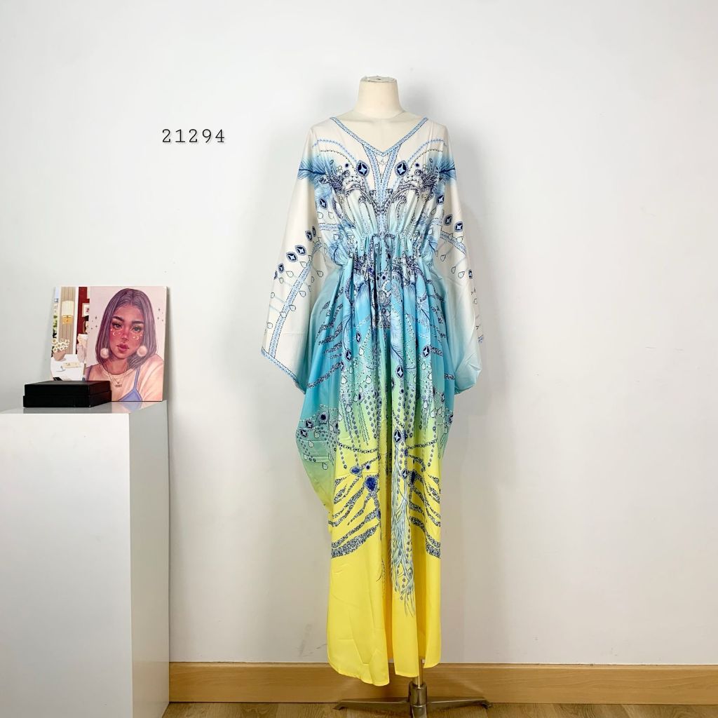 LONG MAXI JRY KAFTAN FULL PRINT LEHER V NECK VARIASI PINGGANG KARET MIX TALI PITA PREMIUM WANITA TER