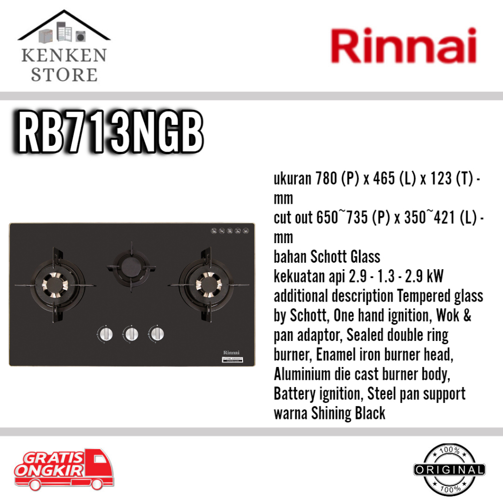 KOMPOR TANAM RINNAI RB-713NGB KOMPOR  TANAM RINNAI 3 TUNGKU