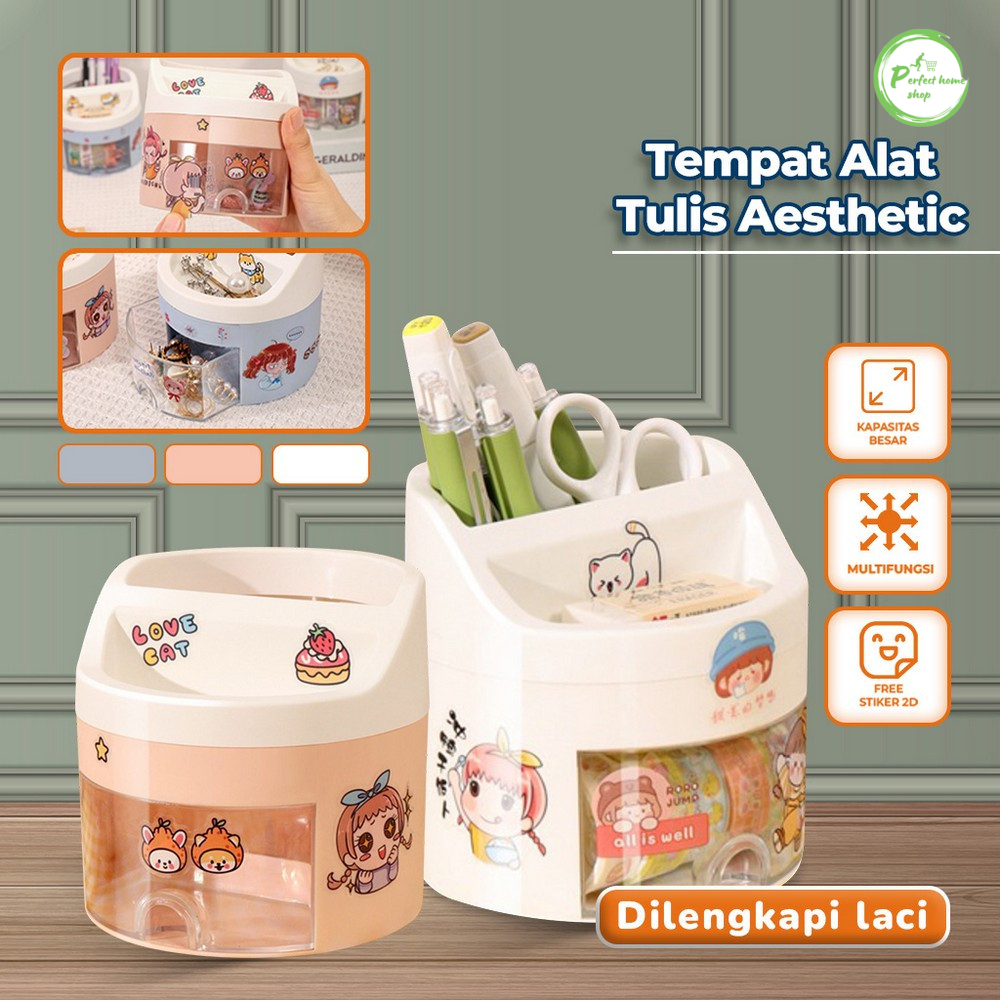

Tempat Pena dengan Laci Desk Storage Organizer Tempat Alat Tulis Aesthetic Lucu Pen Holder Kotak Penyimpanan Pulpen Brush Makeup