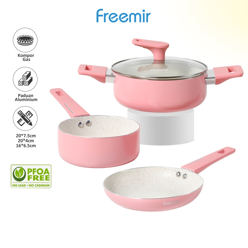 Set Peralatan Masak Anti Lengket Freemir, 3 Potongan (16cm Panci Susu + 20cm Panci Sup dengan Tutup 