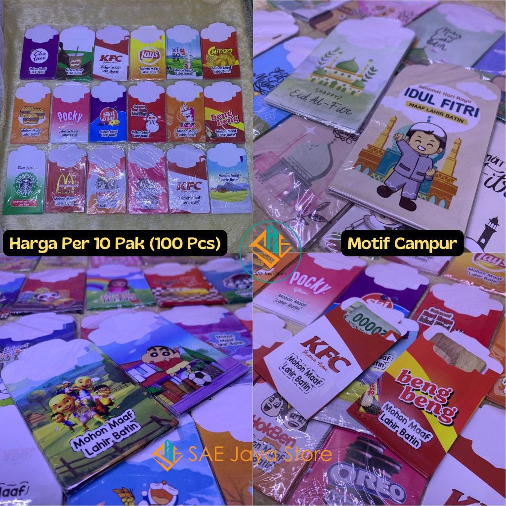 

(10PAK ISI 100PCS-SEDANG-A) SAE-AMPLOP LEBARAN MOTIF SNACK MUSLIM & KARTUN UKURAN SEDANG SIAP PAKAI