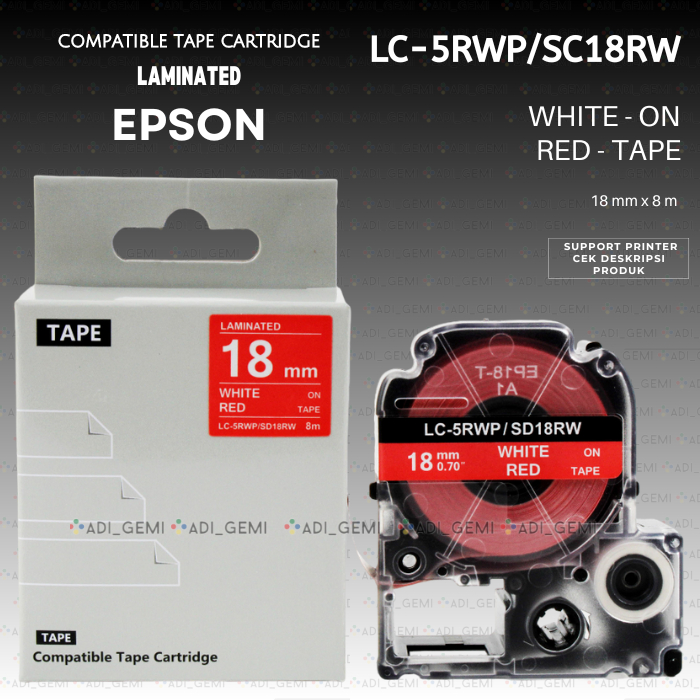 

Compatible TAPE Cartridge EPSON LC-5RWP SD18RW WHITE ON RED 18MM X 8M