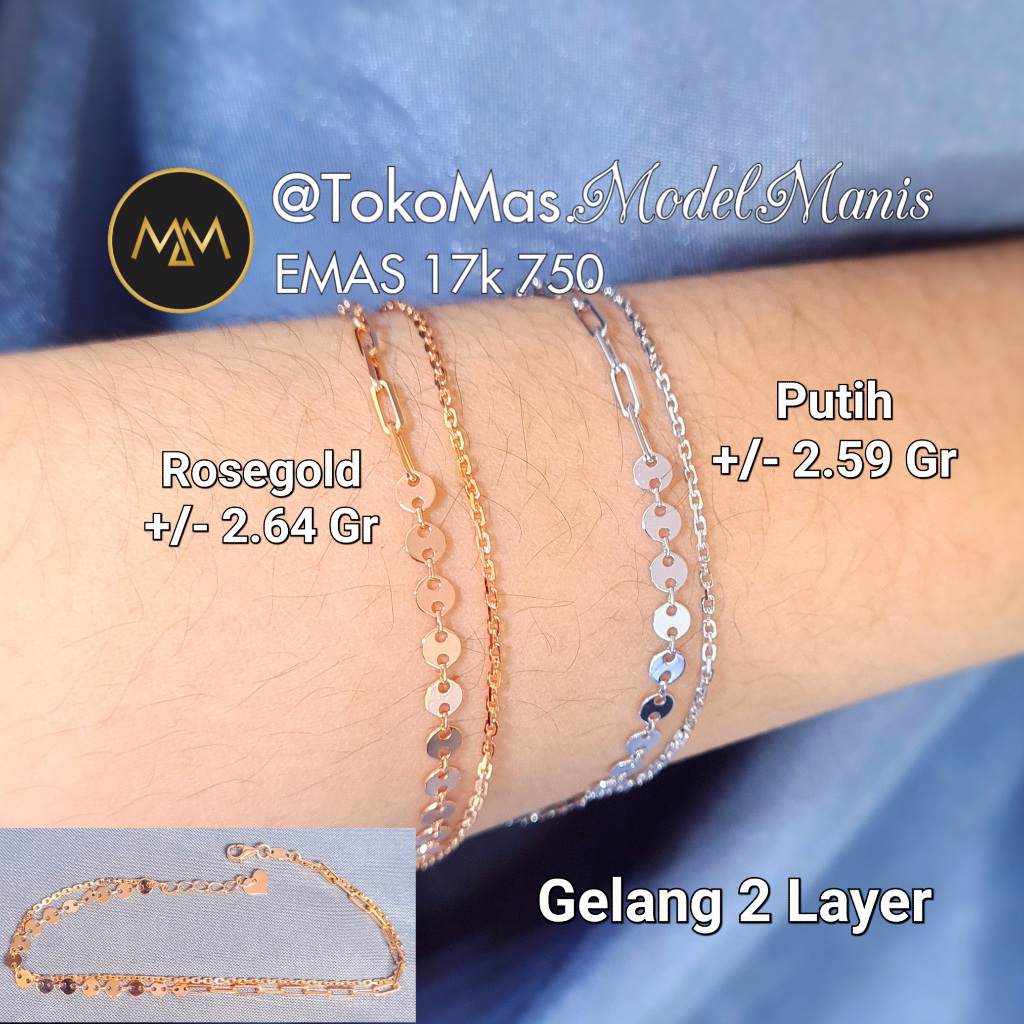 Gelang 2 Layer Kombinasi Nori + Paper Clip + Ring Koin Emas Italy IT Putih Rosegold 750 kadar 17k