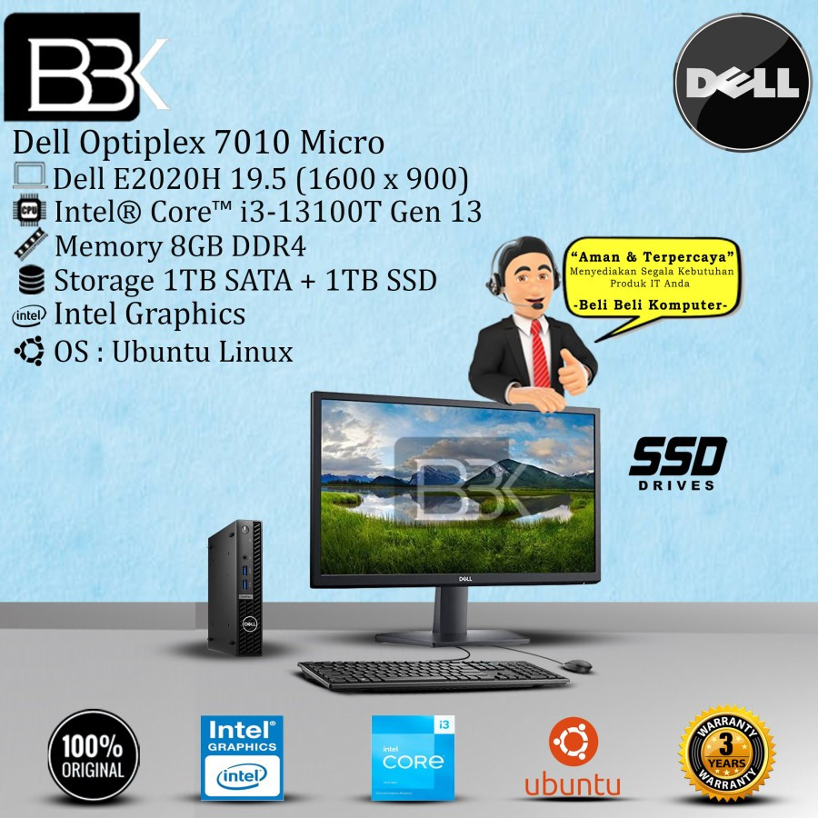 PC DELL Optiplex 7010 Micro i3-13100T 8GB 1TB+1TB SSD DOS E2020H 3YR