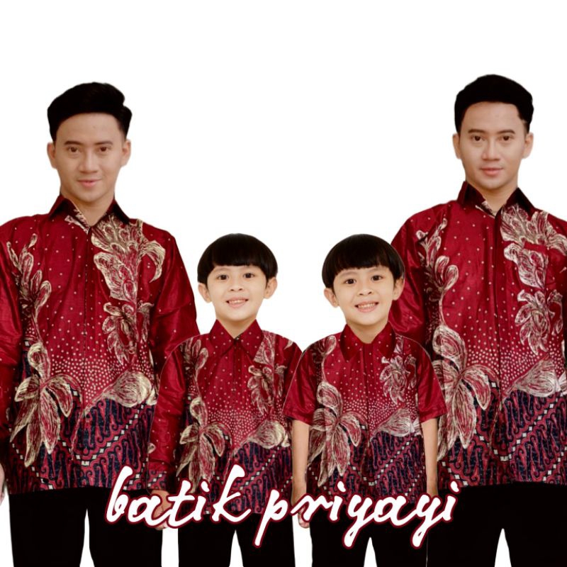 Kemeja Batik Anak Laki-Laki Lengan Panjang Batik Ayah dan Anak Cowok warna Merah Maroon Marun tua