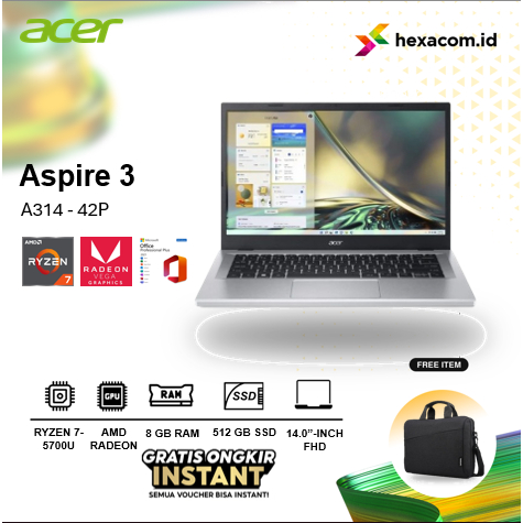 Laptop Acer Aspire 3 A314 Ryzen 7 5700U 8GB 512GB 14.0Full HD Win 11