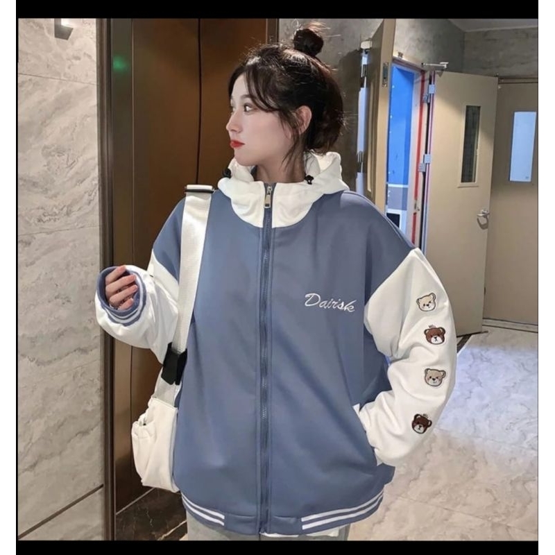Jaket Baseball Wanita Japanese Harajuku BF Unisex Jacket Oversize College Baseball